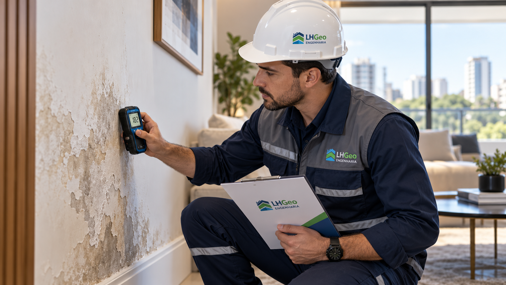 Engenheiro da LHGEO medindo umidade em parede com revestimento deteriorado