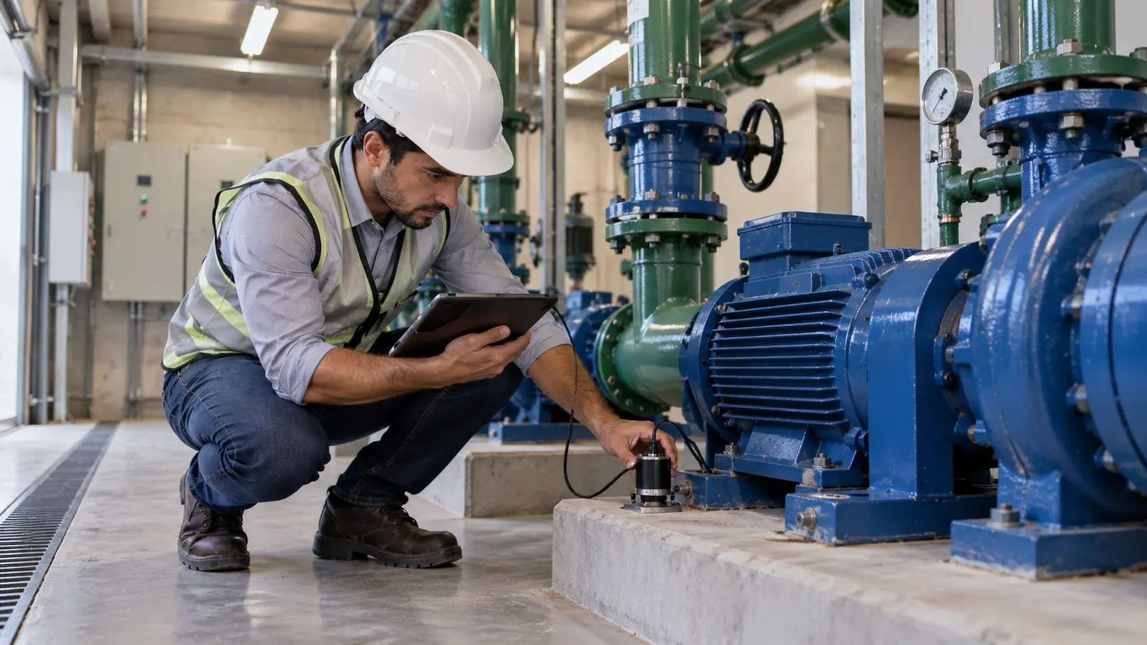 Engenheiro realizando medição de vibração em bomba industrial