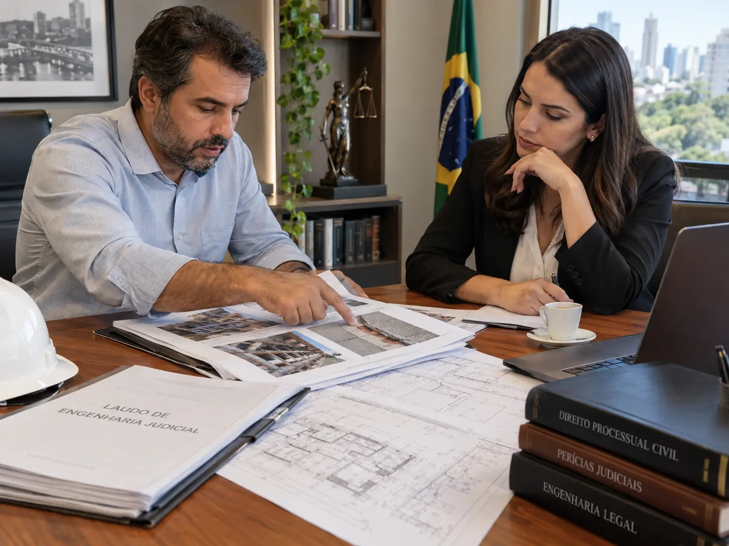 Engenheiro e advogada analisando documentos de perícia de engenharia