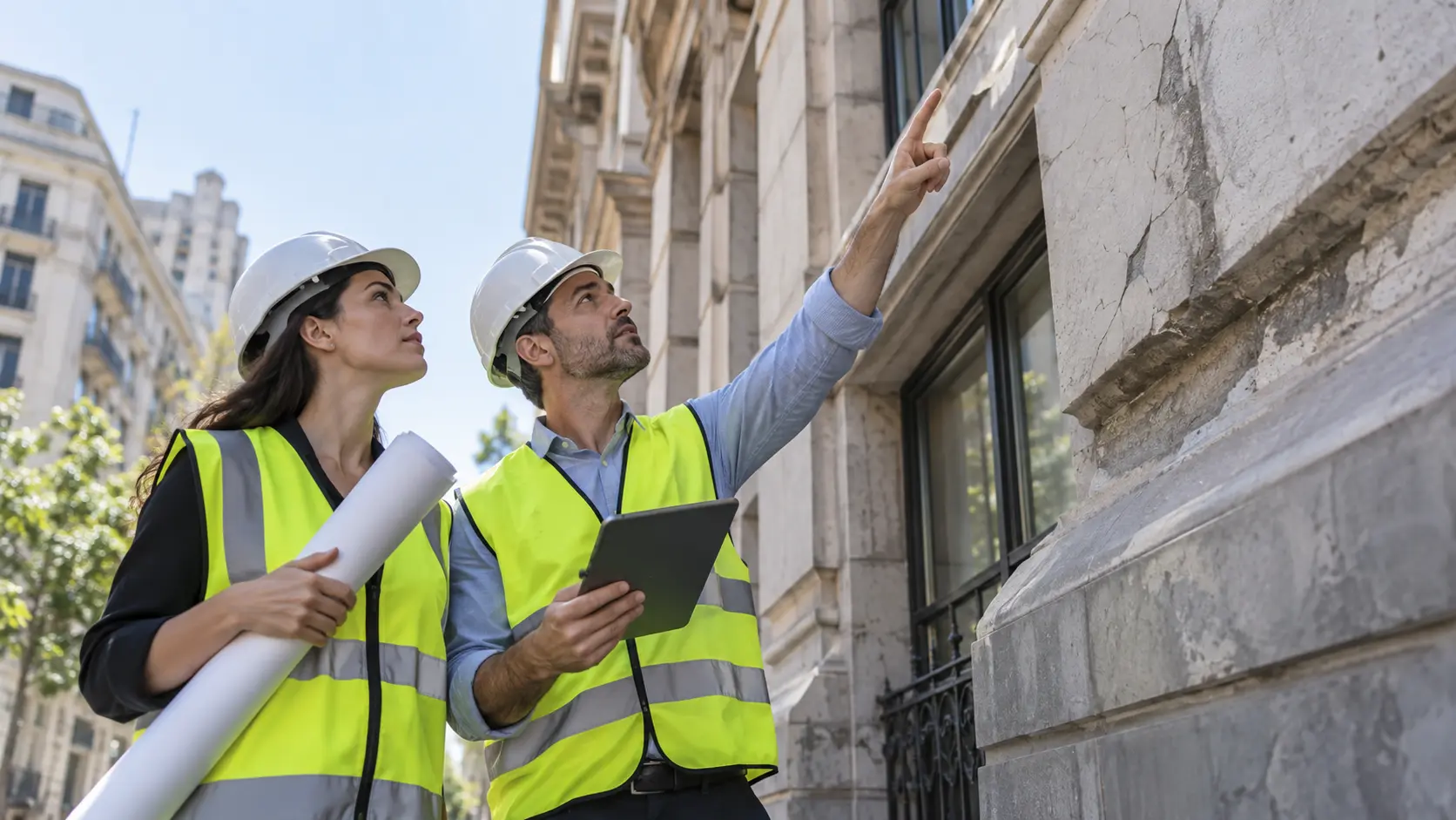 Engenheiro observando fachada de edifício durante inspeção predial