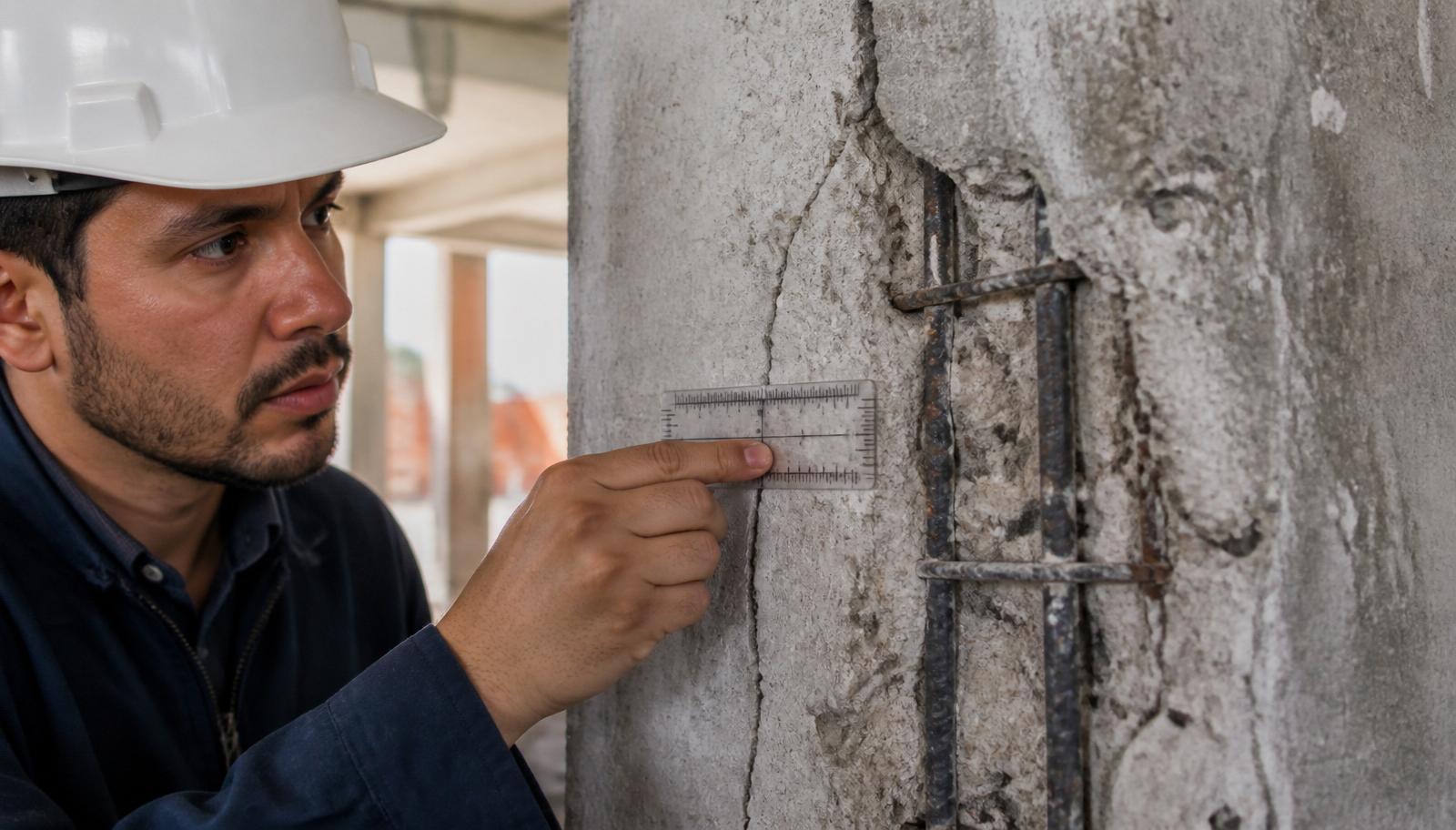 Engenheiro civil inspecionando fissura em pilar de concreto com fissurometro