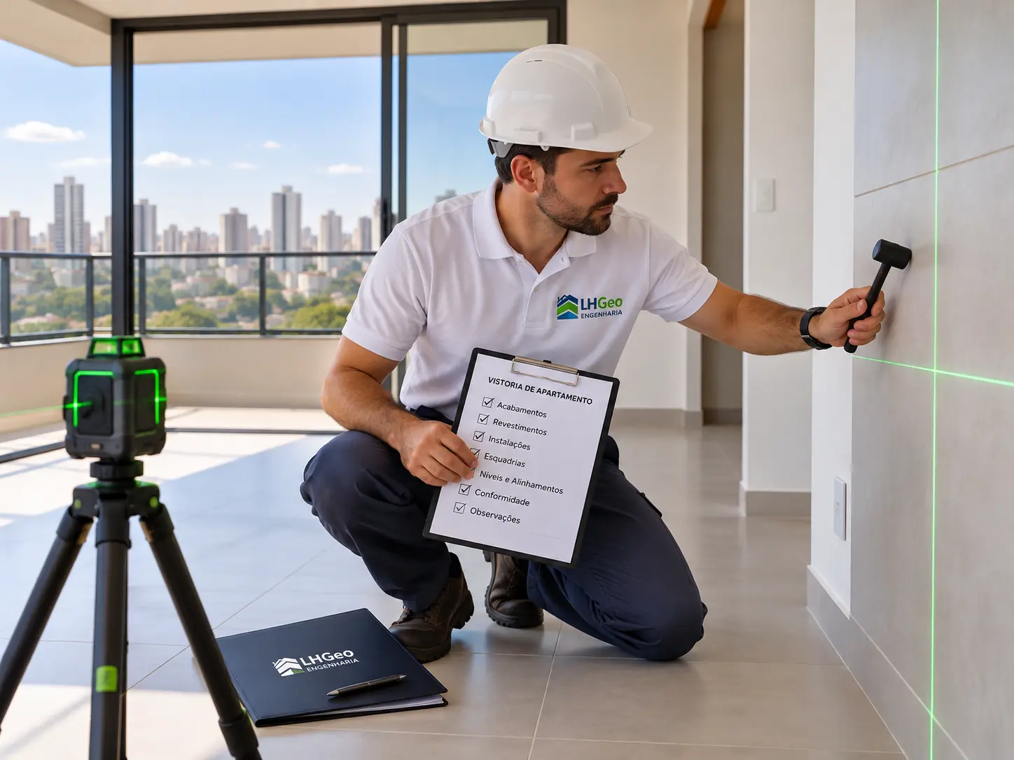 Engenheiro civil da LHGEO conferindo revestimento de parede com nível laser durante vistoria de apartamento novo