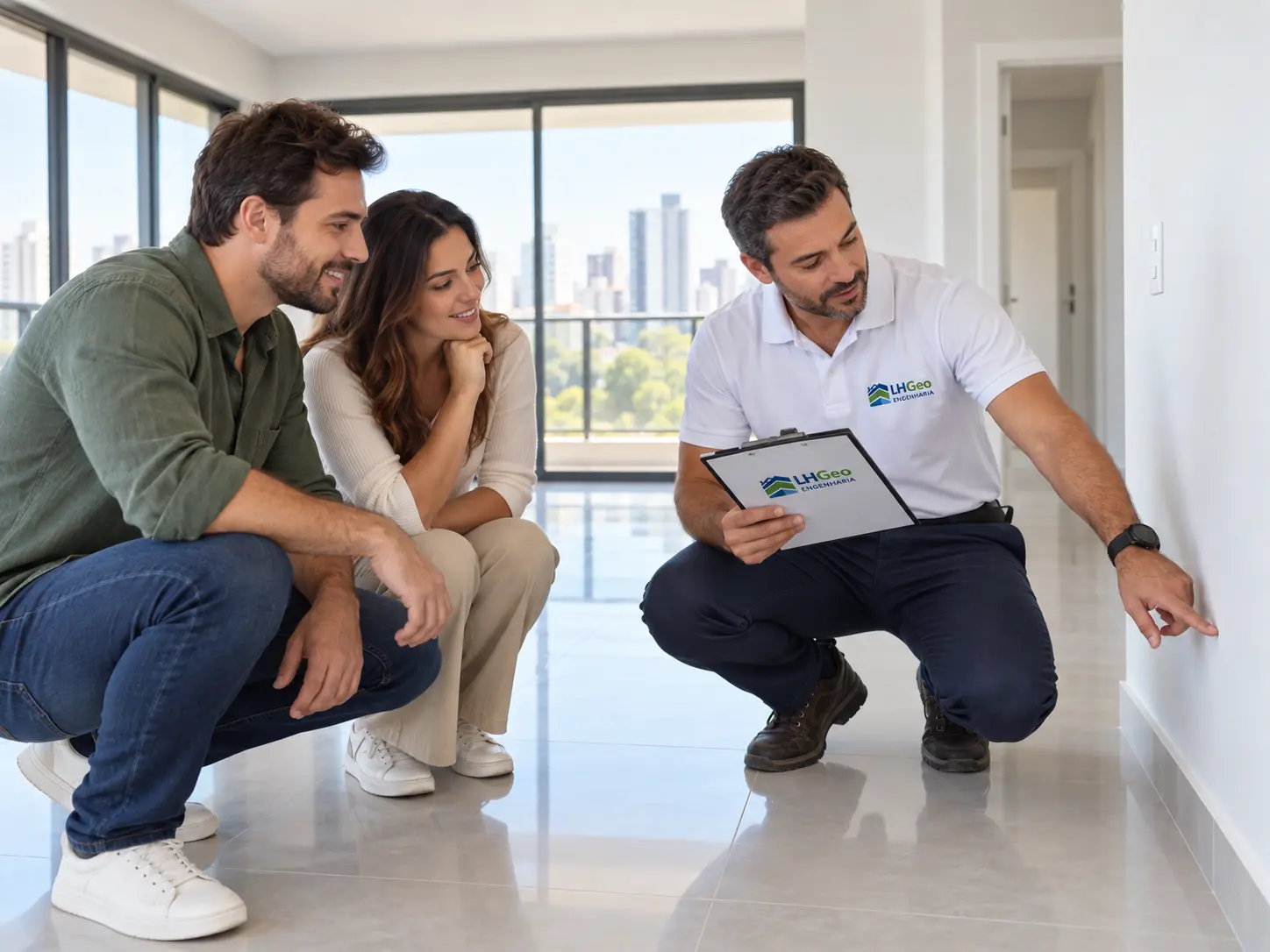 Engenheiro apontando falha em parede para casal de compradores dentro do apartamento