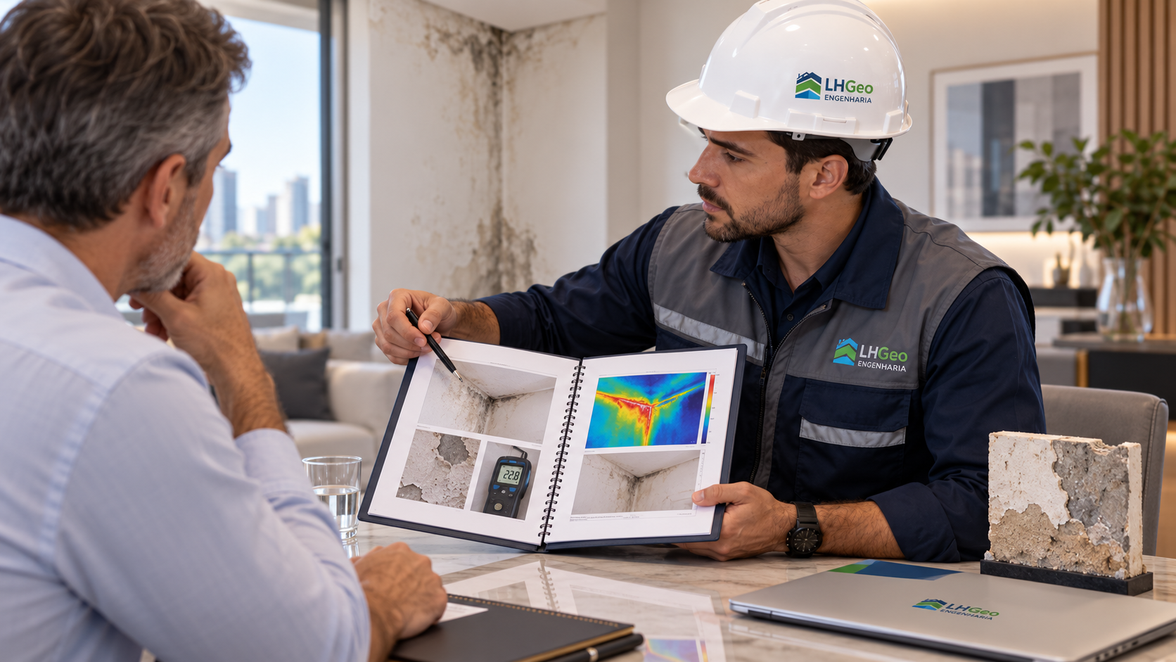 Engenheiro apresentando registros fotográficos e termográficos de infiltração ao cliente