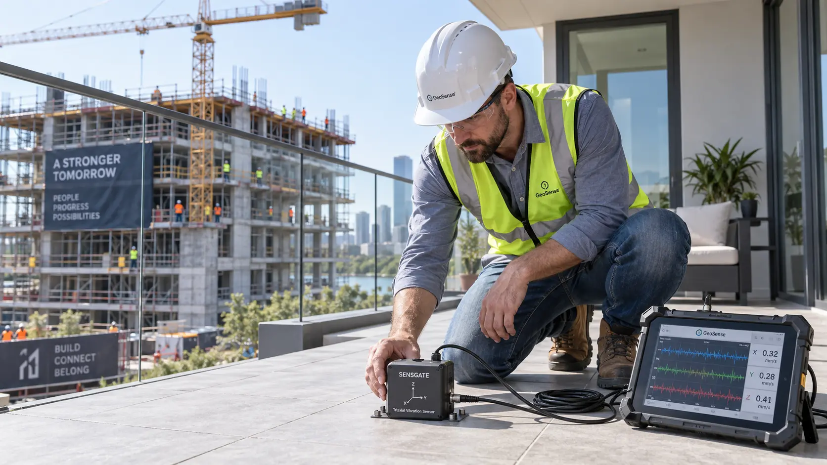 Engenheiro realizando medição de vibração com sensor triaxial em área externa