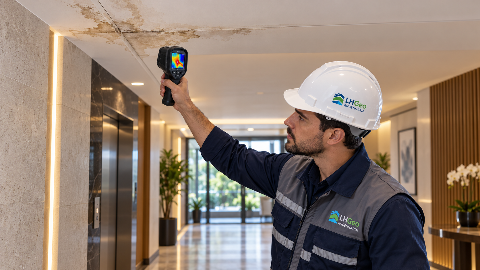 Engenheiro da LHGEO utilizando câmera termográfica para investigar infiltração no teto