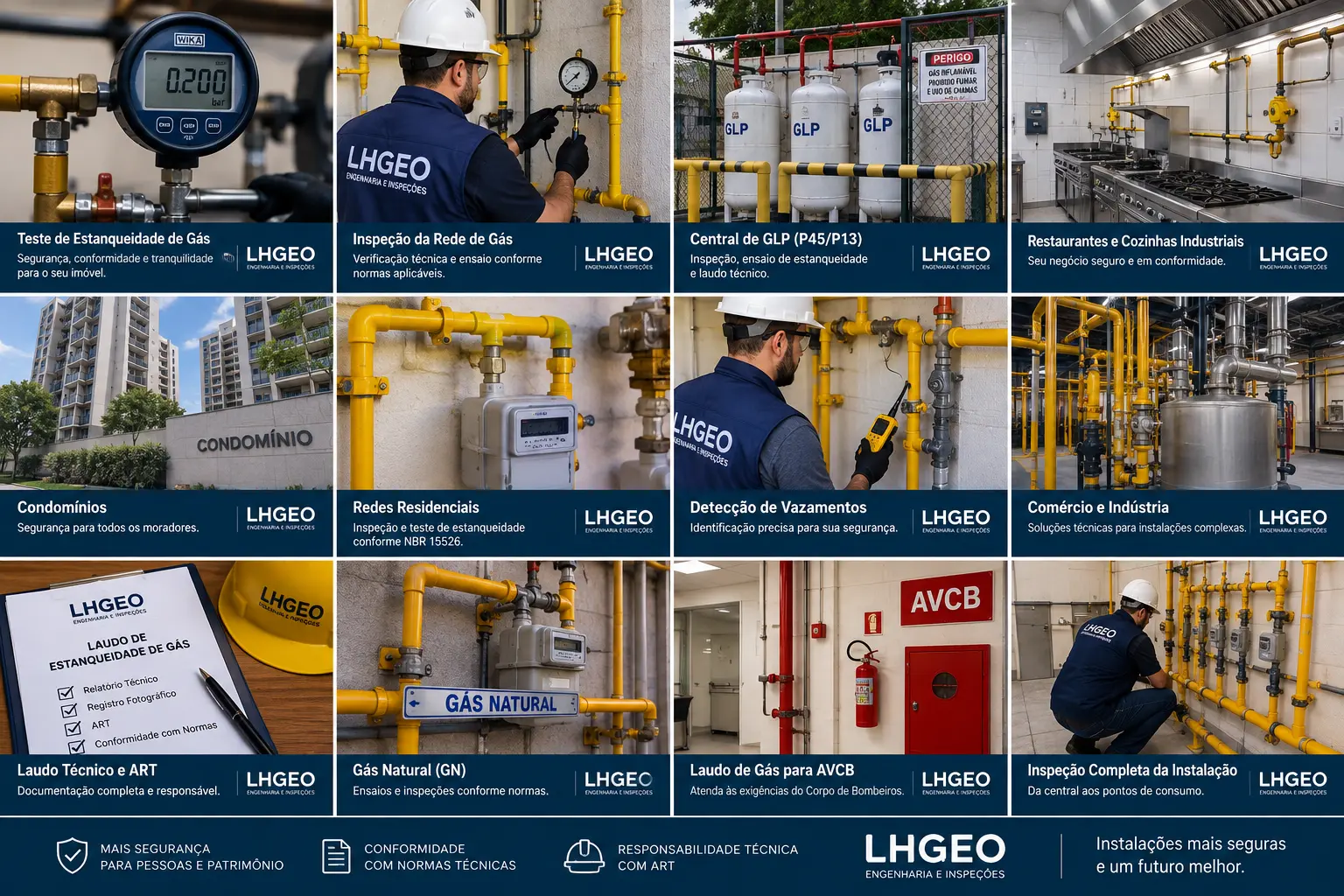 Composição visual dos atendimentos de estanqueidade de gás da LHGEO Engenharia
