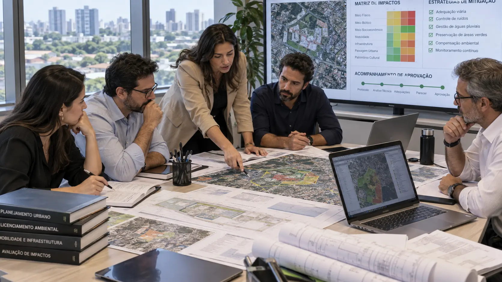 Equipe técnica analisando mapas, matriz de impactos e medidas mitigadoras
