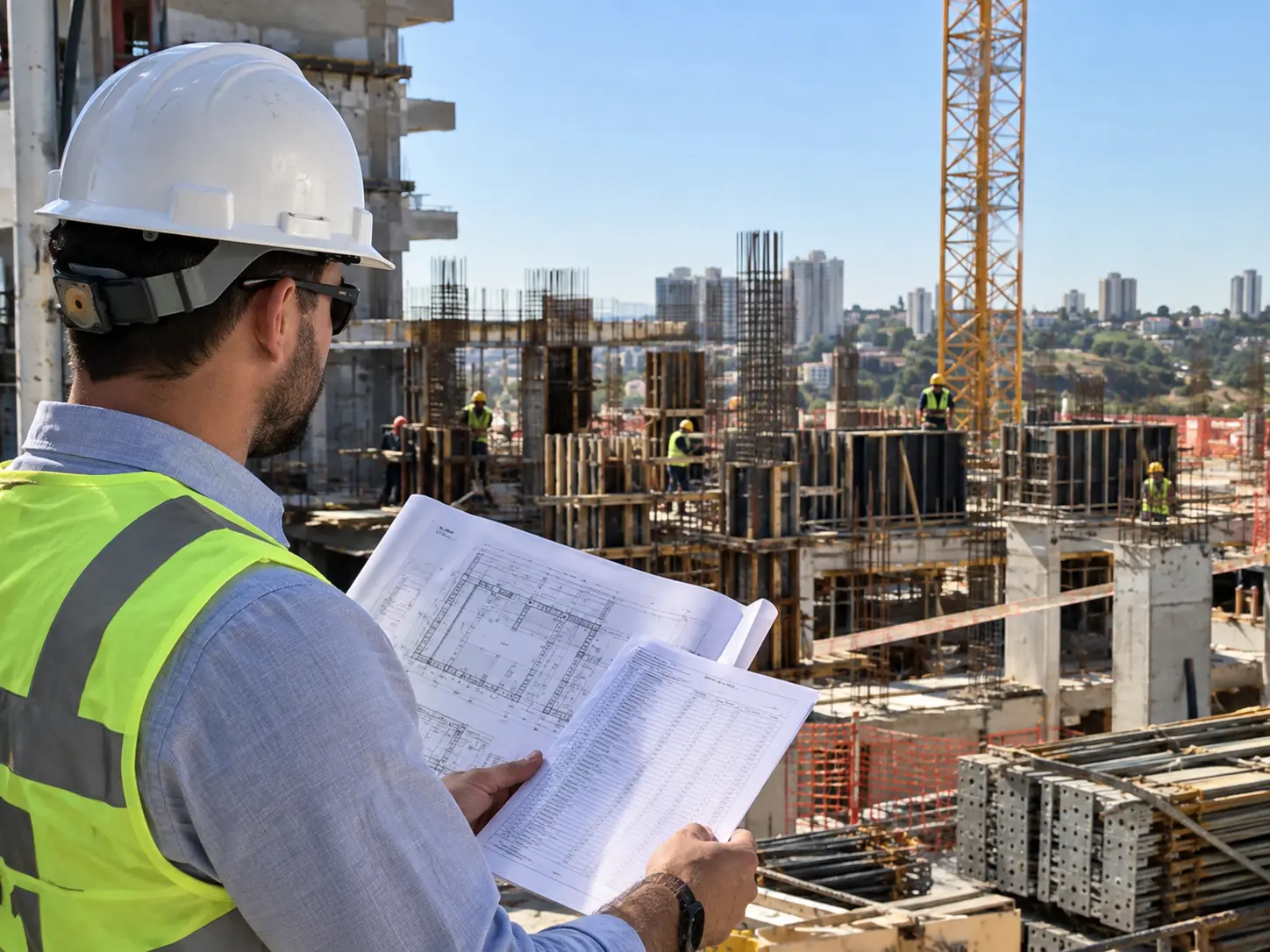Engenheiro conferindo projetos, medições e serviços executados em obra