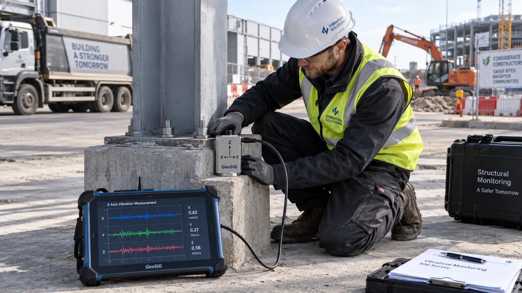 Monitoramento triaxial de vibração em obra industrial