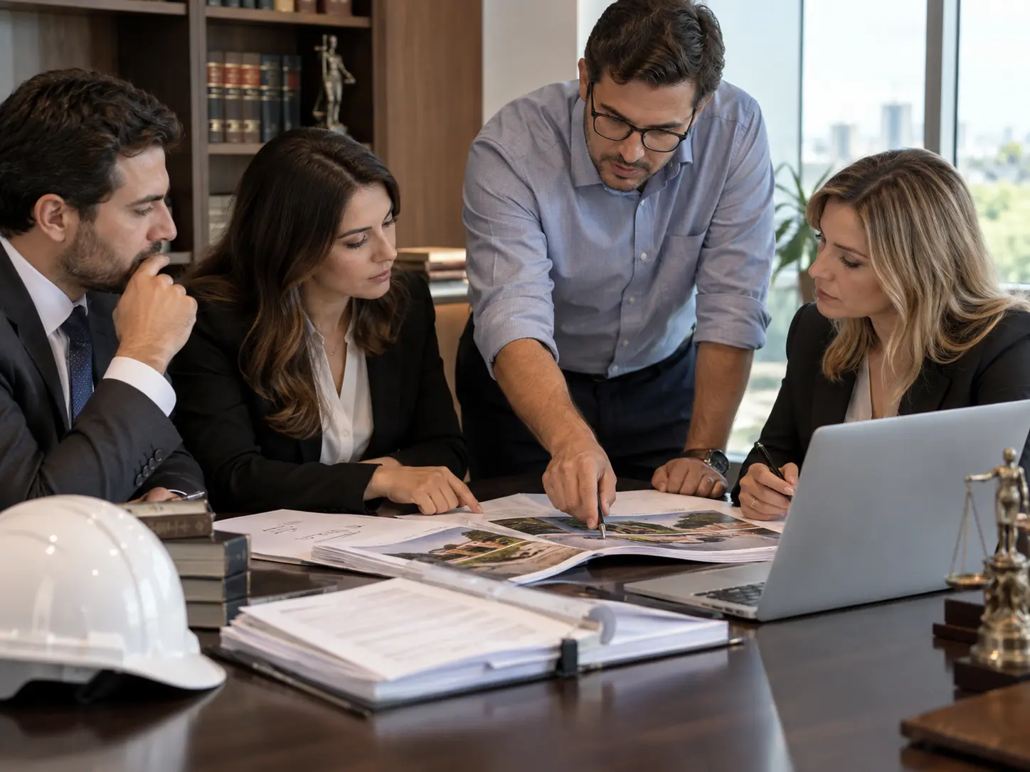 Engenheiro e equipe jurídica analisando prova técnica de engenharia