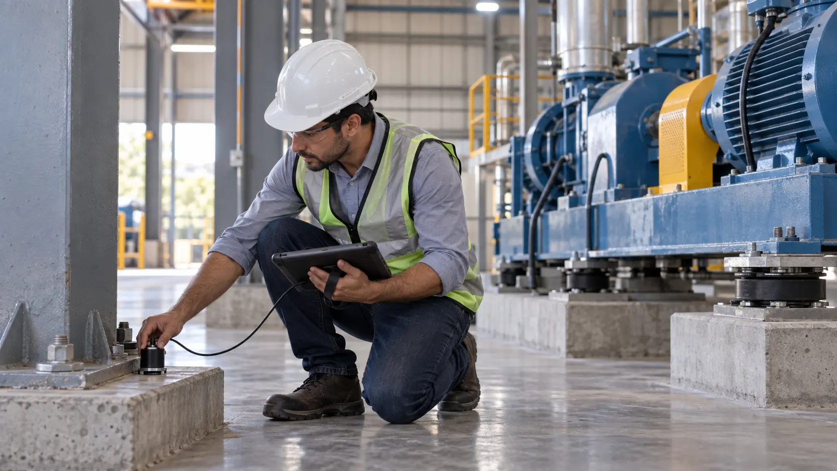 Técnico medindo vibrações em equipamentos e bases industriais