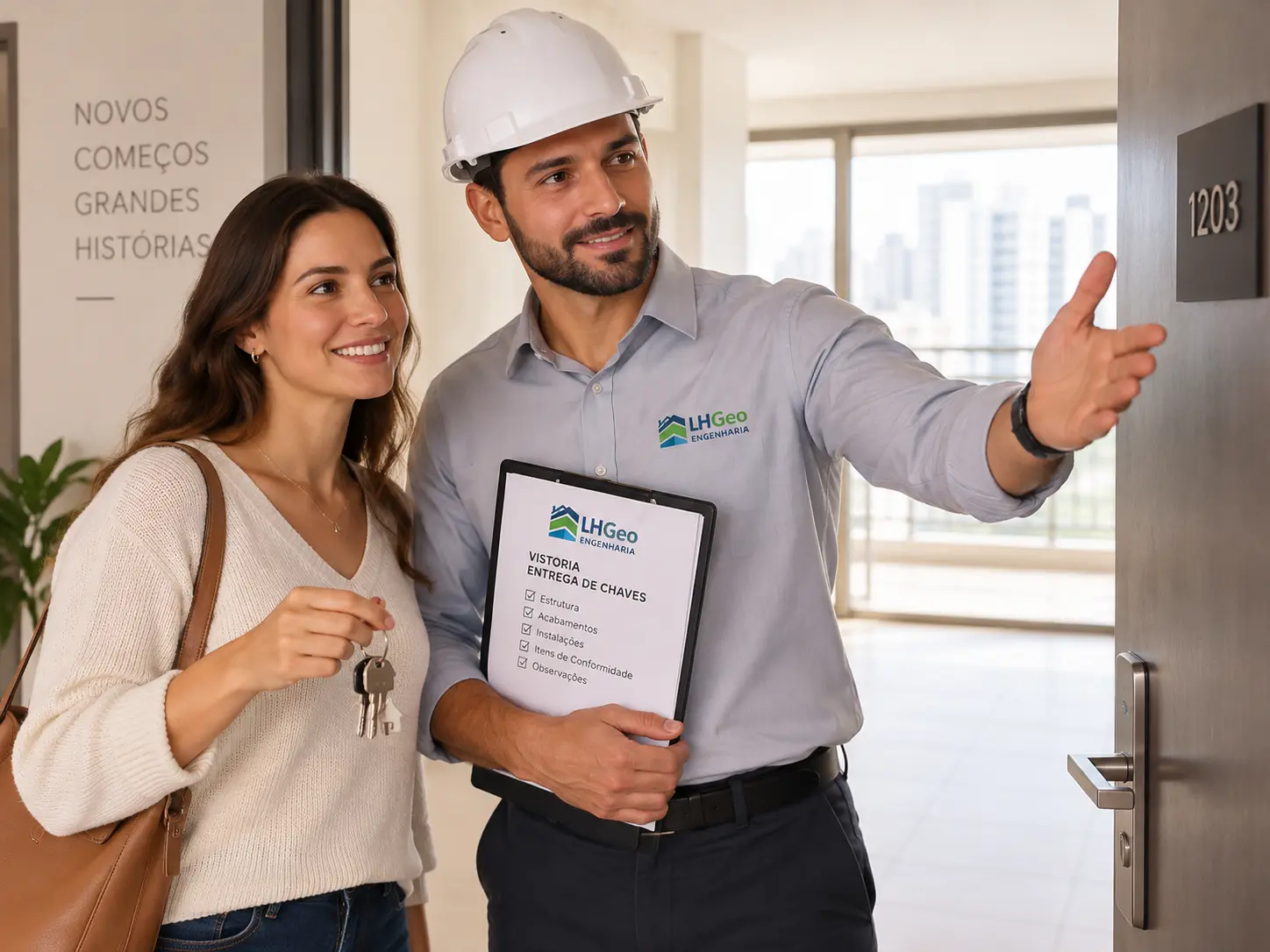 Engenheiro civil acompanhando compradora na entrada da unidade no dia da entrega das chaves