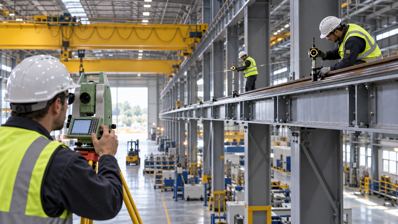 Monitoramento topográfico industrial com estação total medindo deslocamento de estrutura em pátio de planta