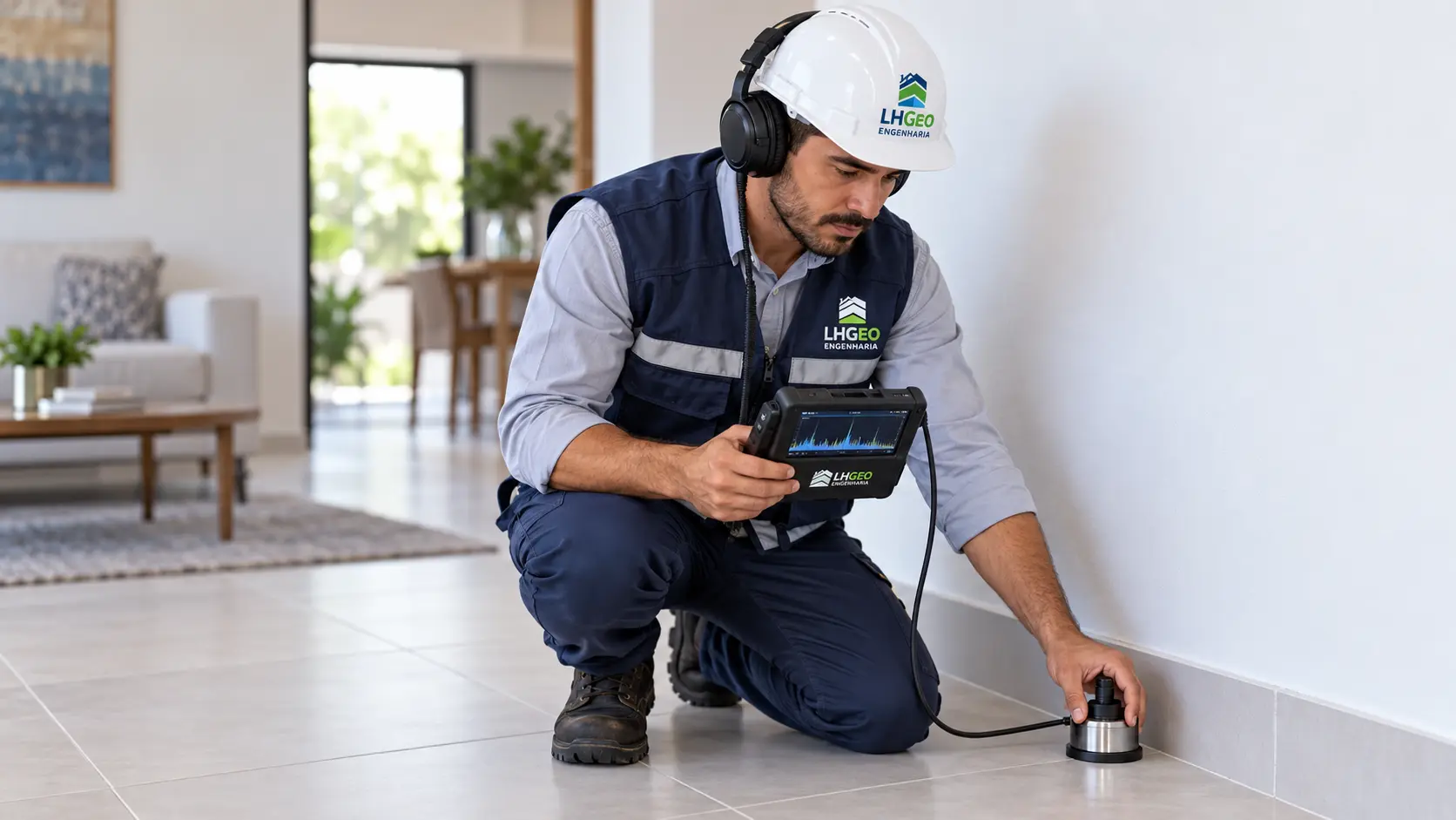 Engenheiro utilizando geofone eletrônico junto ao rodapé interno de uma residência — Ribeirão Preto e região