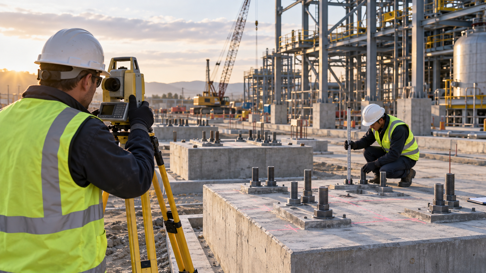 Equipe de topografia industrial operando estação total em planta industrial