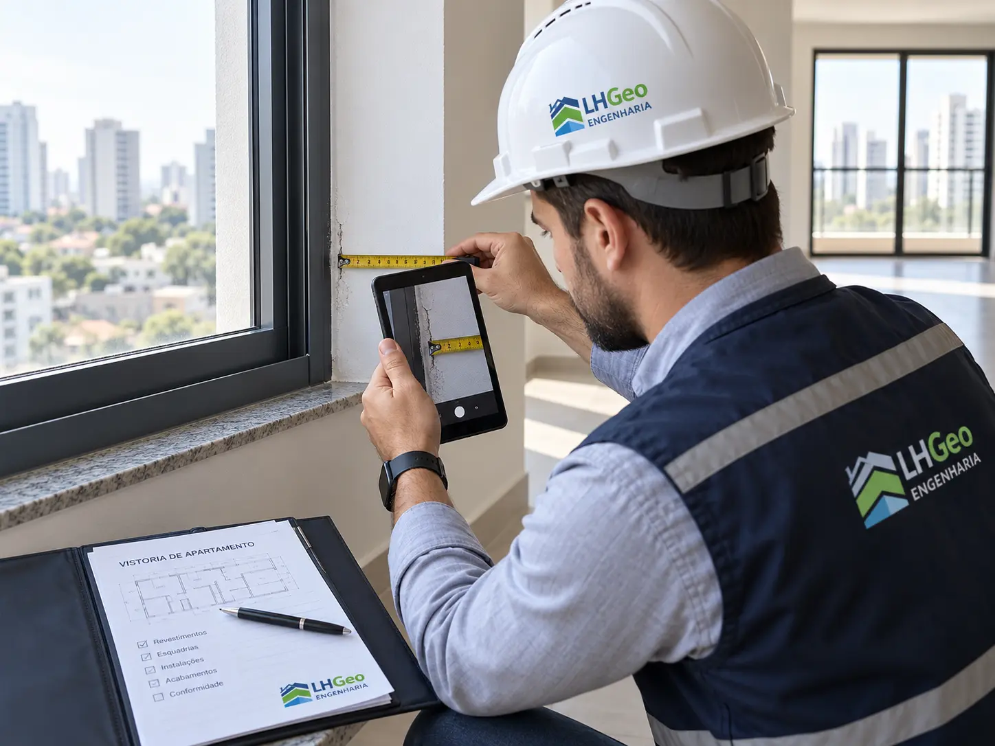 Engenheiro medindo fissura junto à esquadria de janela e registrando a foto em tablet