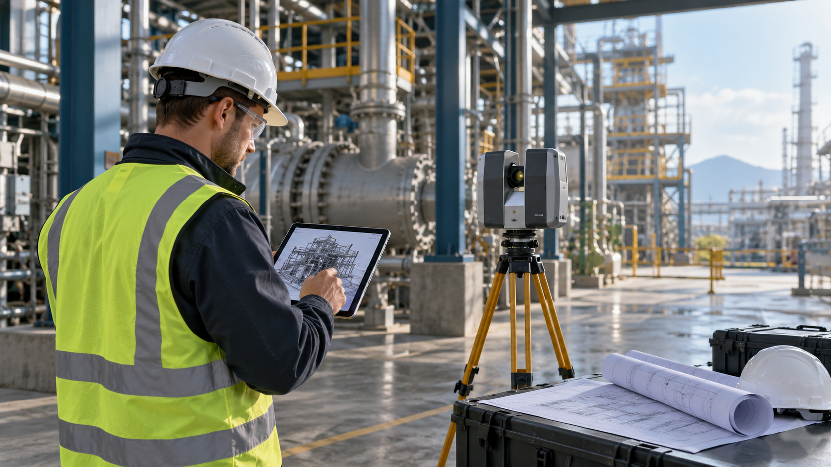 Equipe topográfica mobilizada durante parada de manutenção industrial