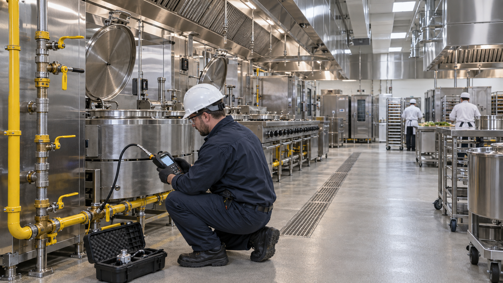 Inspeção técnica de instalação de gás em cozinha industrial ampla