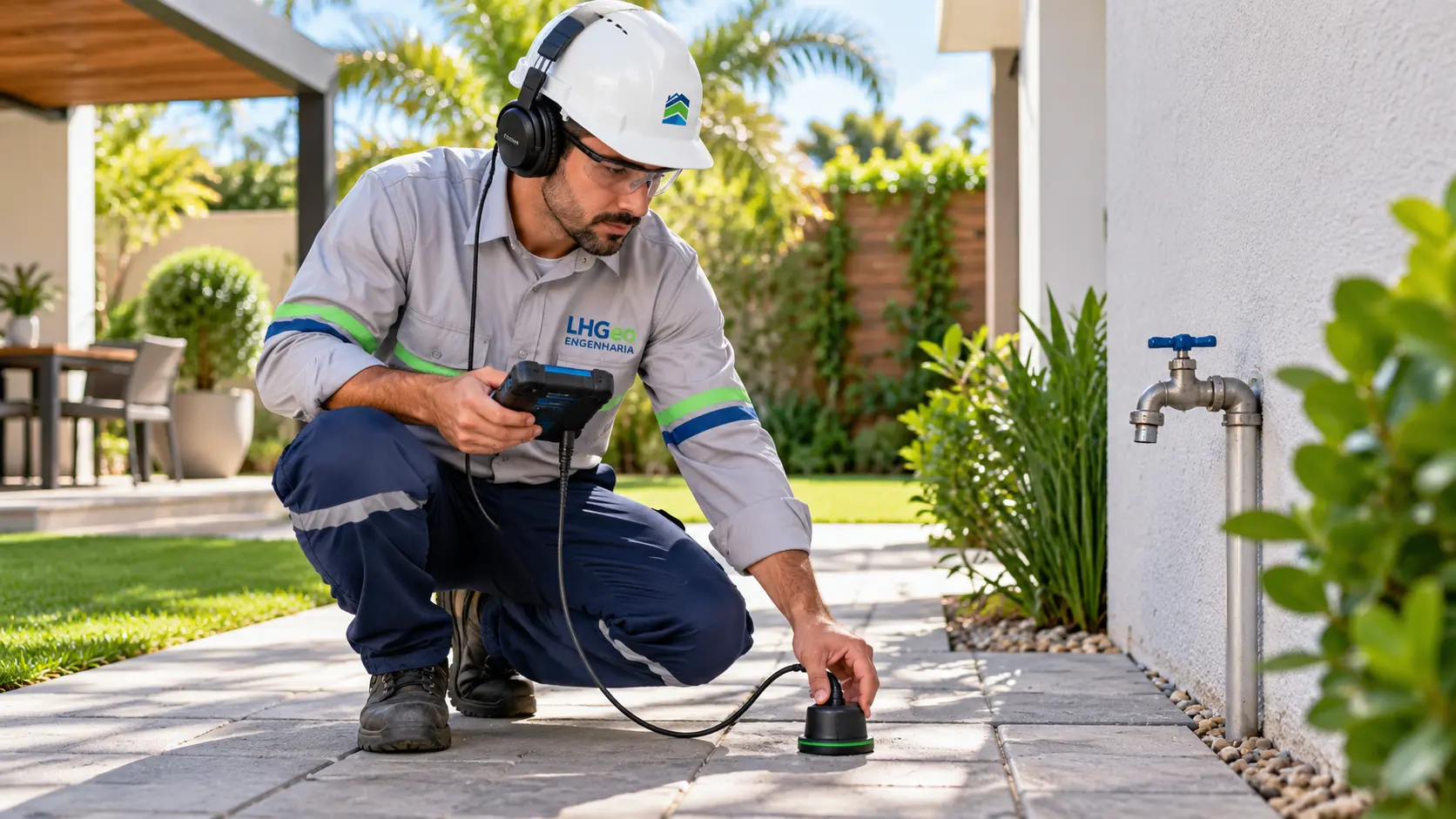Engenheiro da LHGEO realizando detecção técnica de vazamento oculto em imóvel, sem quebra desnecessária