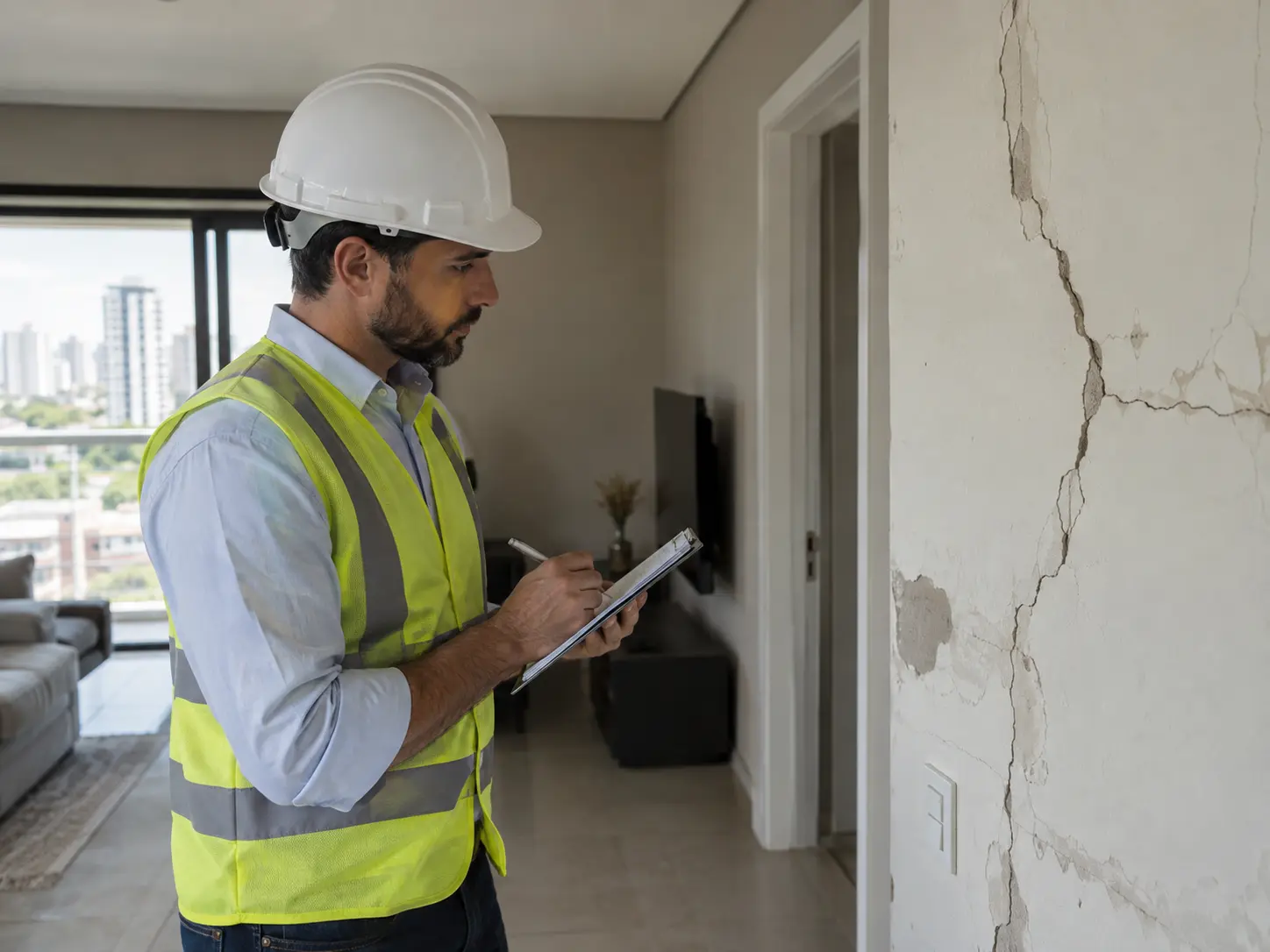 Engenheiro inspecionando fissuras durante perícia de vícios construtivos