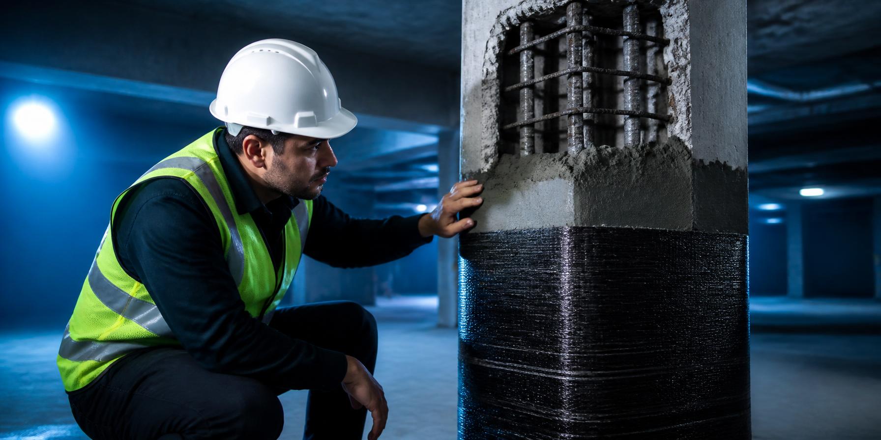 Engenheiro civil da LHGEO inspecionando pilar de concreto armado com reforço em fibra de carbono e argamassa de reparo