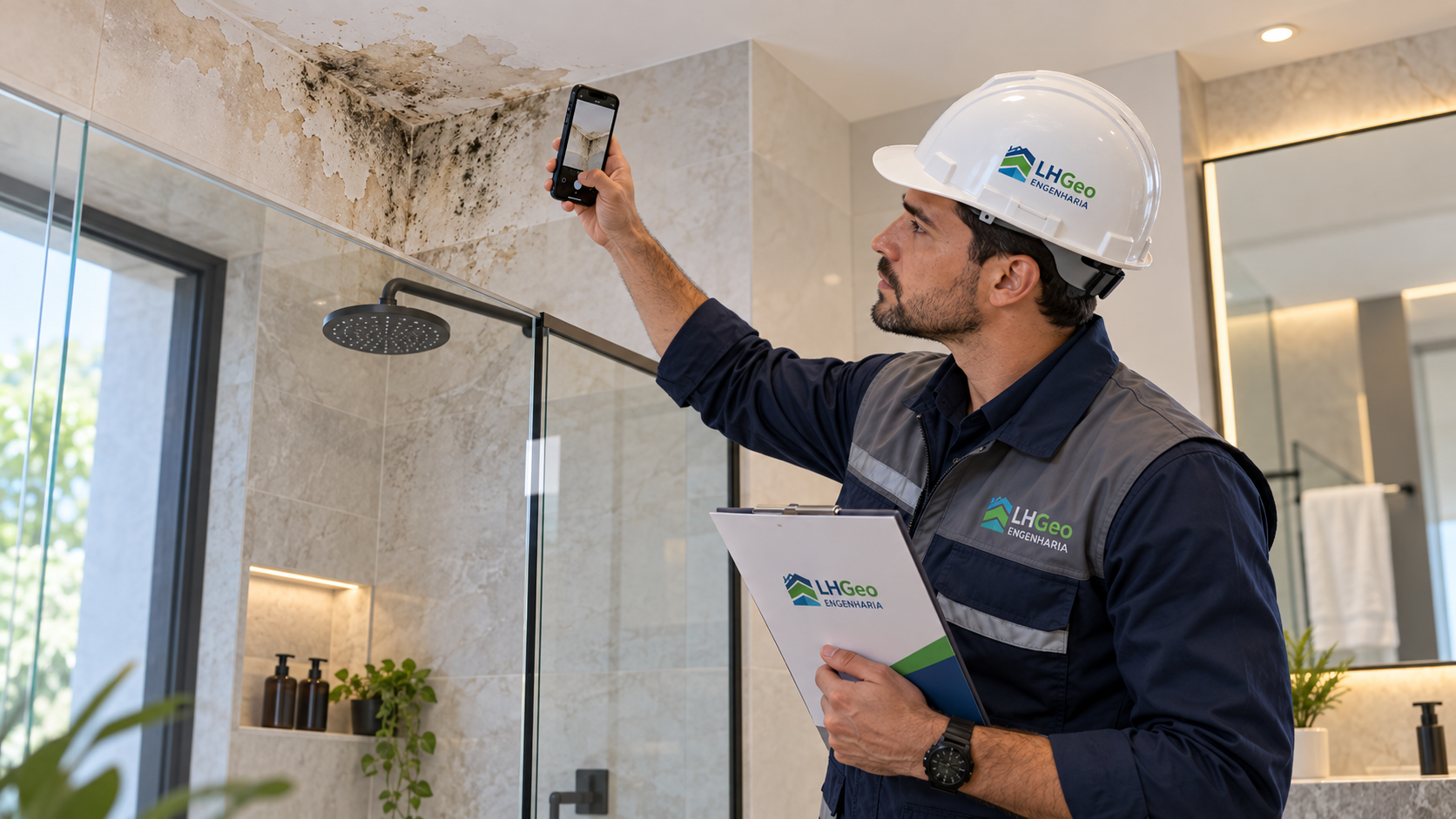 Engenheiro da LHGEO registrando infiltração e mofo no teto de um banheiro