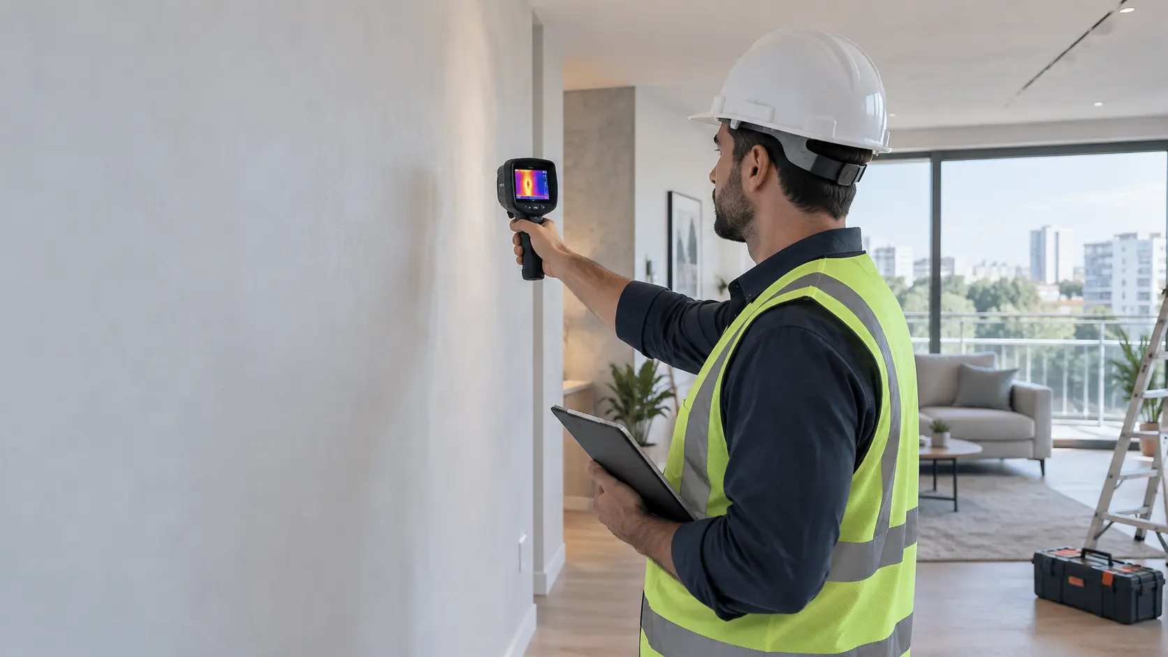 Engenheiro utilizando equipamento durante inspeção estrutural — atendimento em Itirapuã/SP