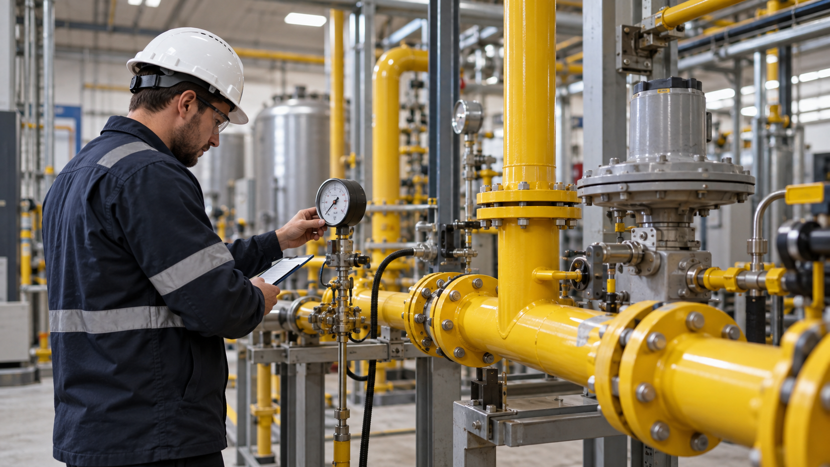 Engenheiro inspecionando tubulações de gás em instalação industrial