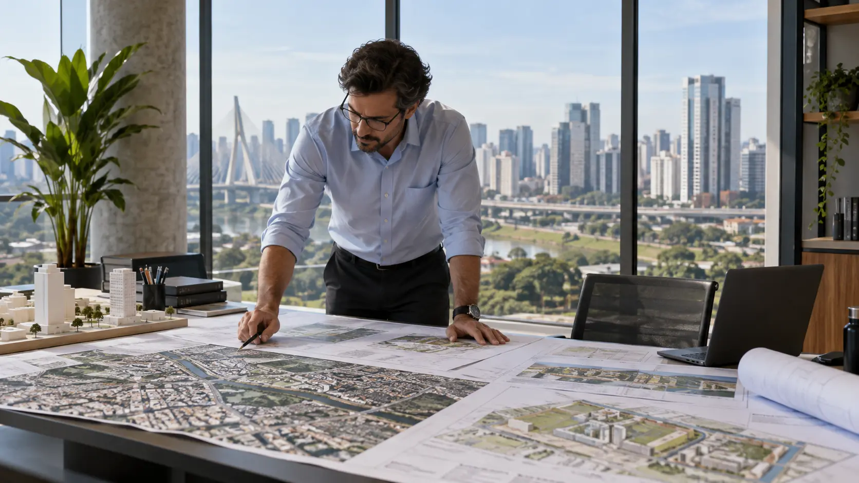 Profissional técnico analisando mapas urbanos e o entorno para Estudo de Impacto de Vizinhança