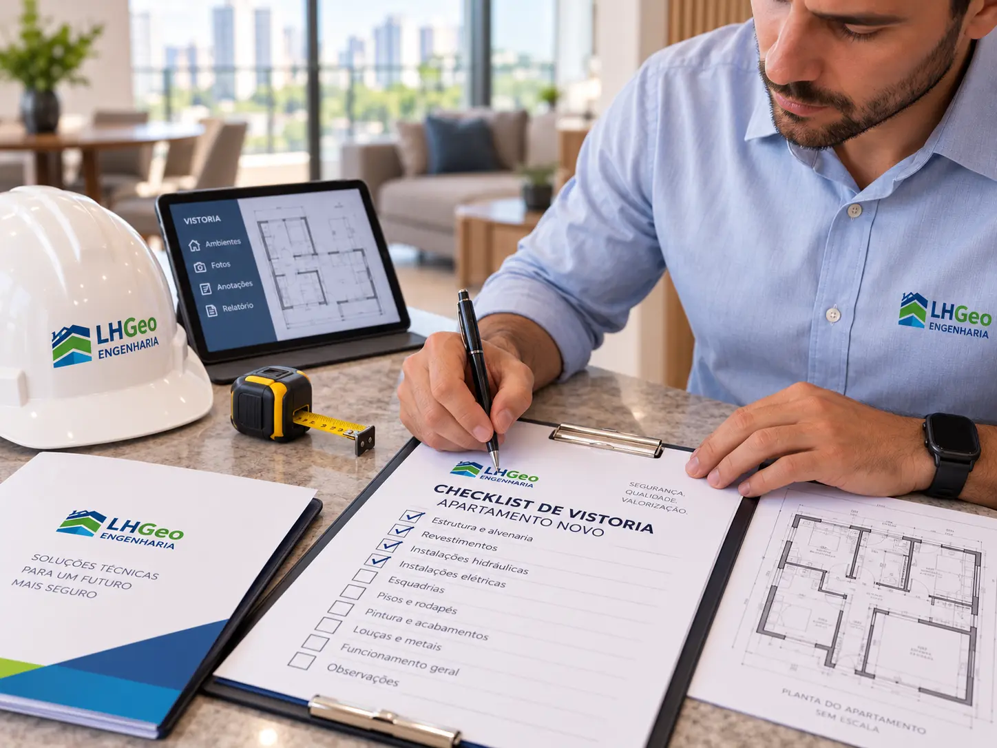 Checklist de vistoria de apartamento novo preenchido sobre a planta baixa da unidade
