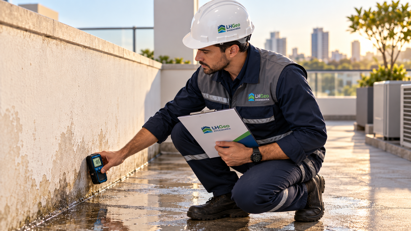 Engenheiro da LHGEO inspecionando infiltração em cobertura com medidor de umidade