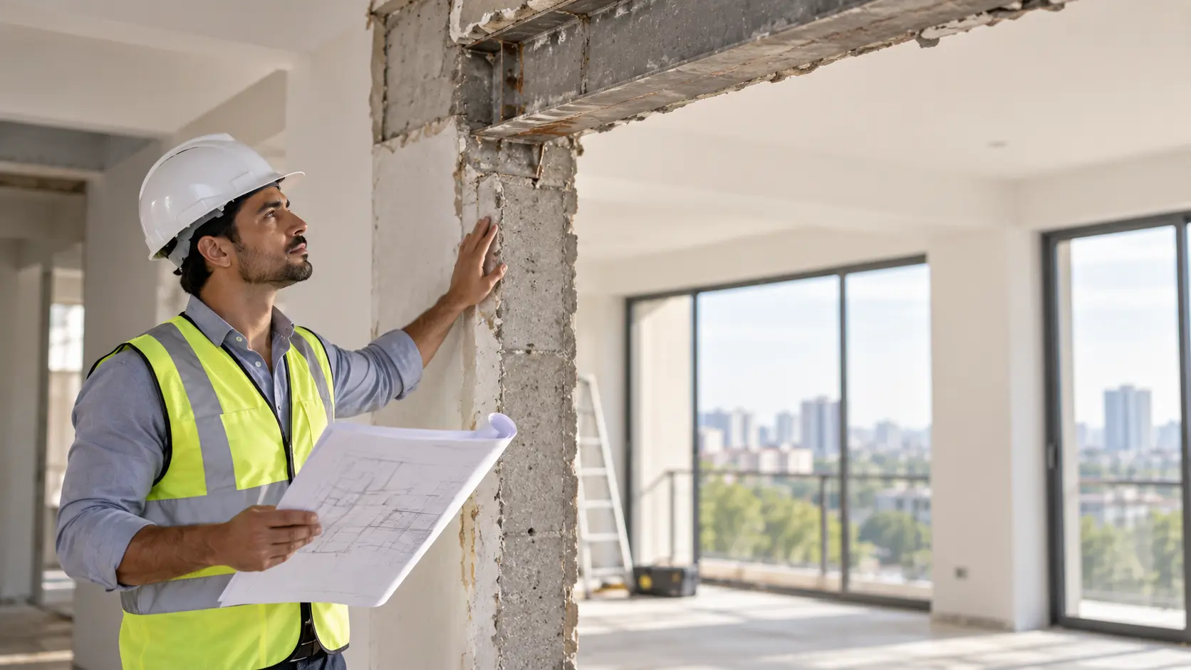 Engenheiro inspecionando laje e elementos estruturais — atendimento em Barrinha/SP