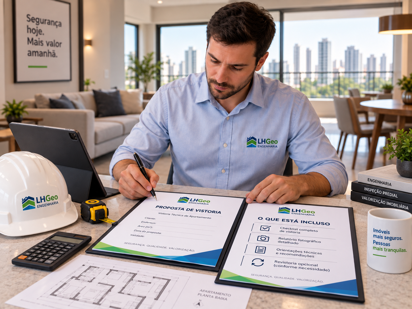 engenheiro da LHGEO elaborando proposta de vistoria técnica de apartamento novo