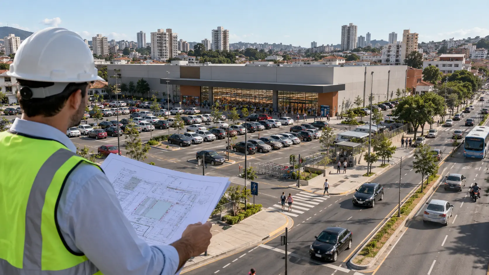 Avaliação de empreendimento comercial, estacionamento, acessos e impactos sobre o tráfego urbano