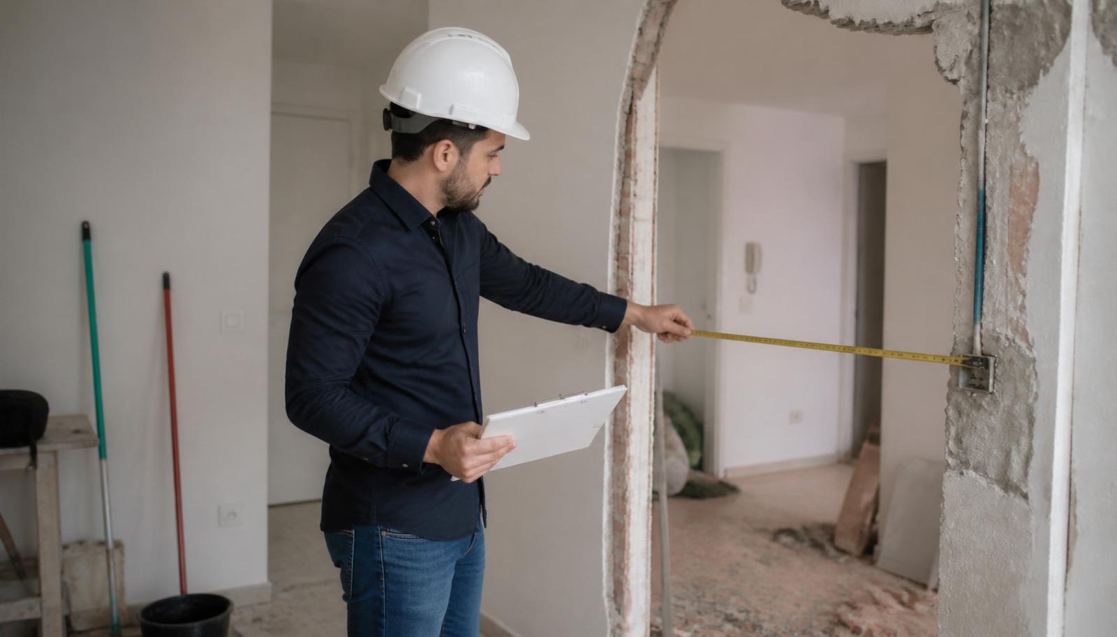 Engenheiro civil realizando vistoria e registrando tecnicamente uma reforma de apartamento