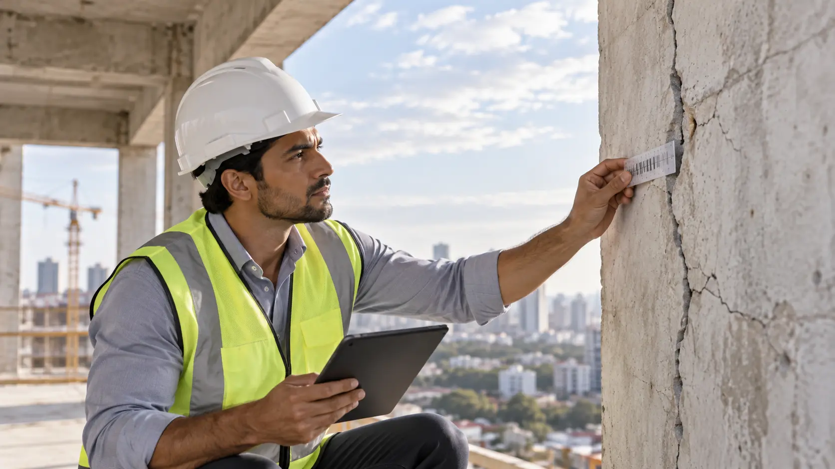 Engenheiro realizando inspeção técnica em pilar — atendimento em Colina/SP