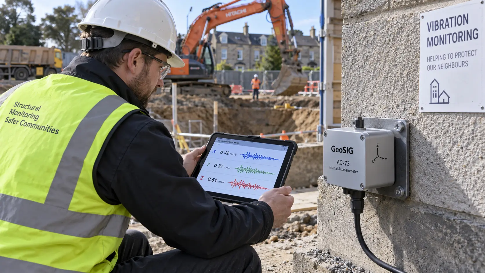 Monitoramento de vibração em obra urbana com sensor triaxial externo