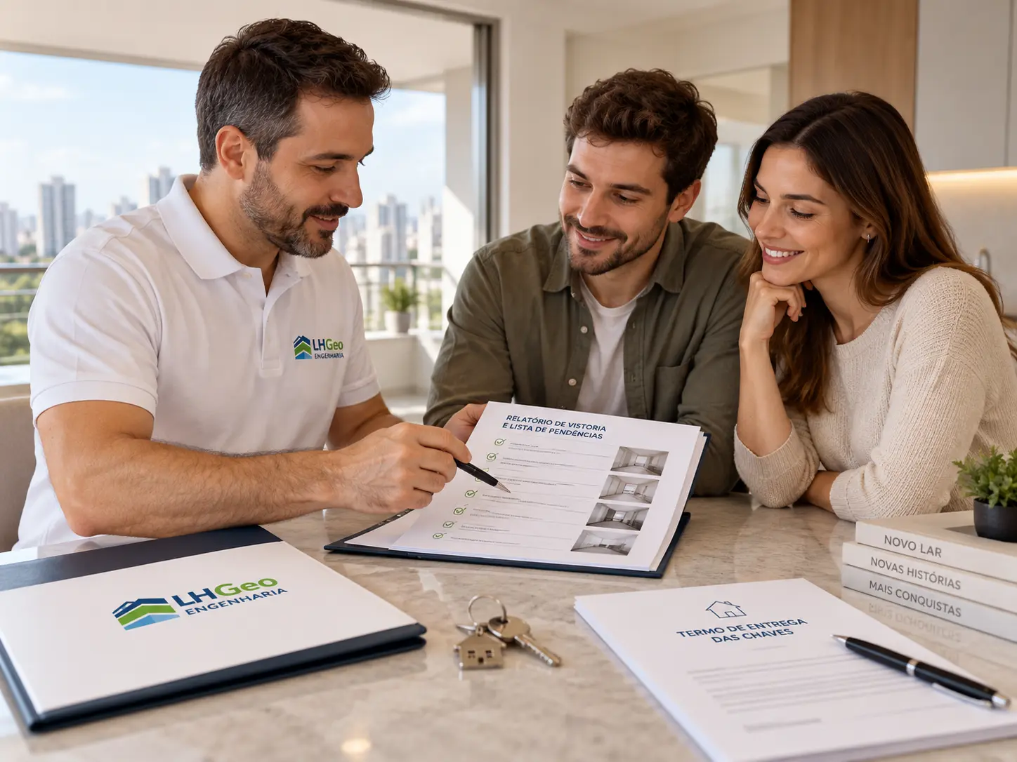Engenheiro apresentando relatório de vistoria e lista de pendências a um casal