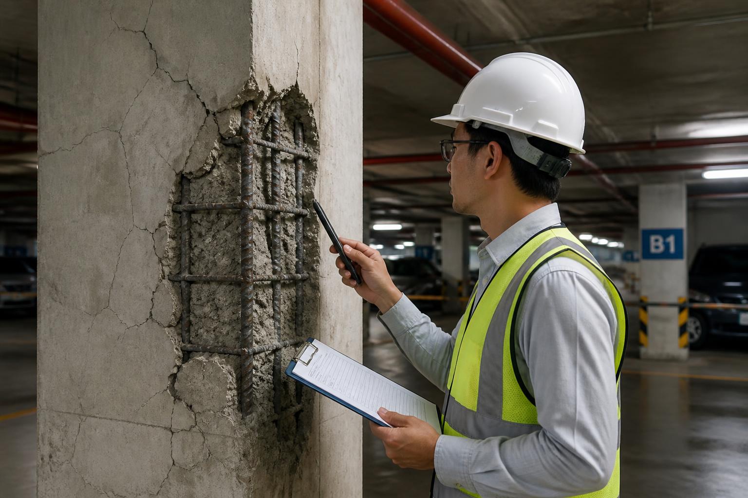Engenheiro civil da LHGEO inspecionando pilar de concreto armado com ferragem exposta em garagem de condomínio em Ribeirão Preto