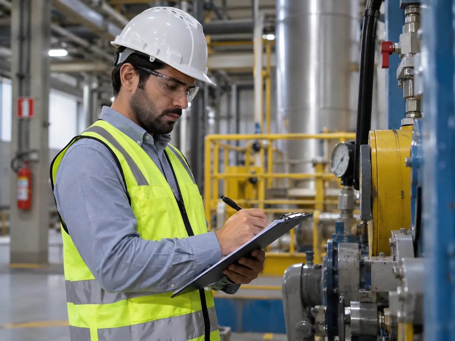 Engenheiro de segurança avaliando ambiente industrial