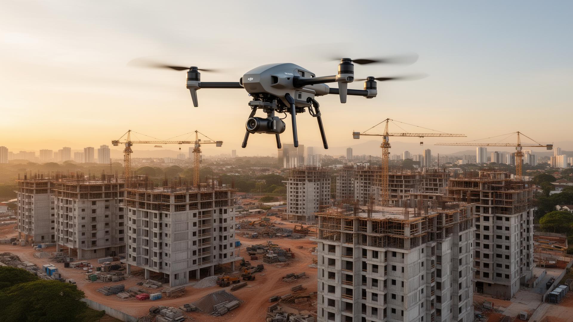 Vista aérea de canteiro de obras registrada por drone durante campanha de acompanhamento