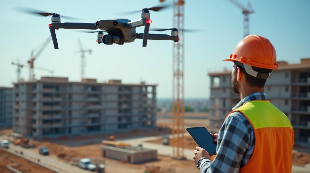 Acompanhamento de obra com drone profissional sobrevoando canteiro de obras