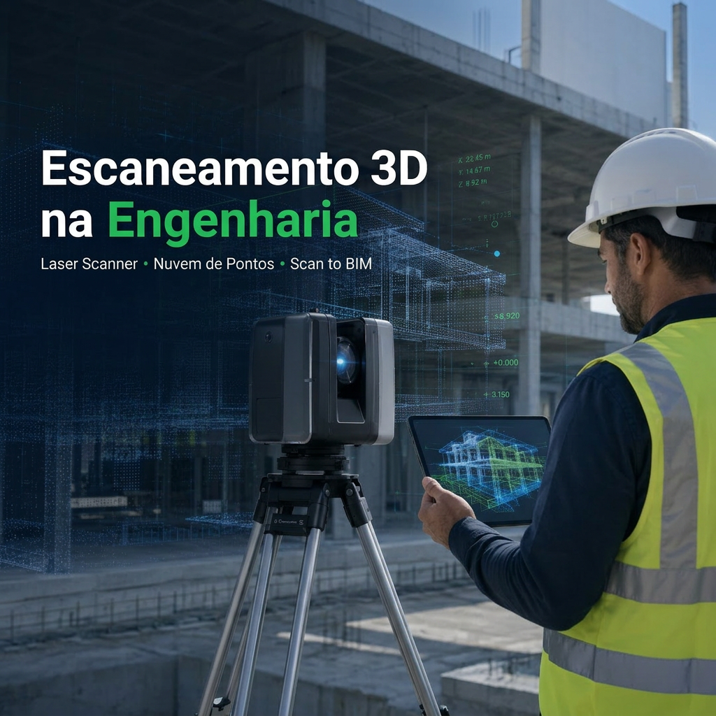 Engenheiro operando laser scanner 3D em canteiro de obras, com nuvem de pontos sobreposta à estrutura