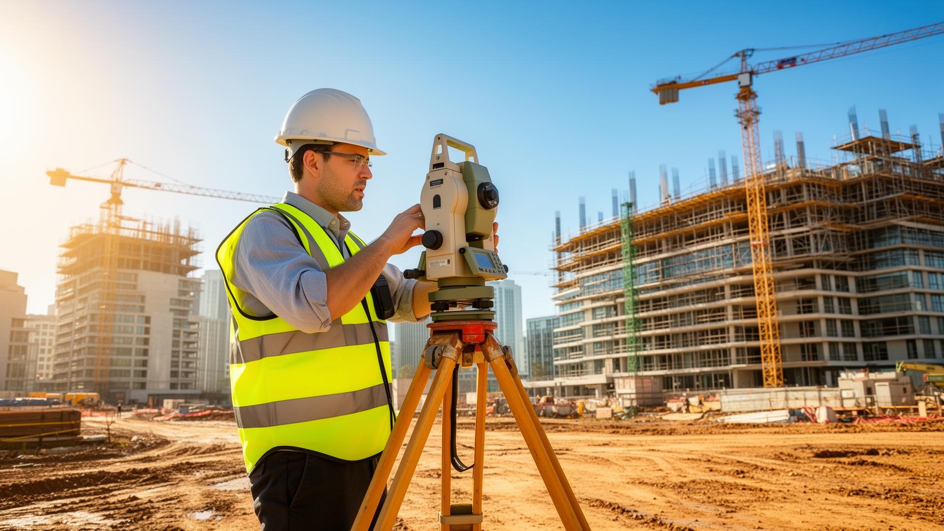 Equipamento topográfico em uso em canteiro de obras