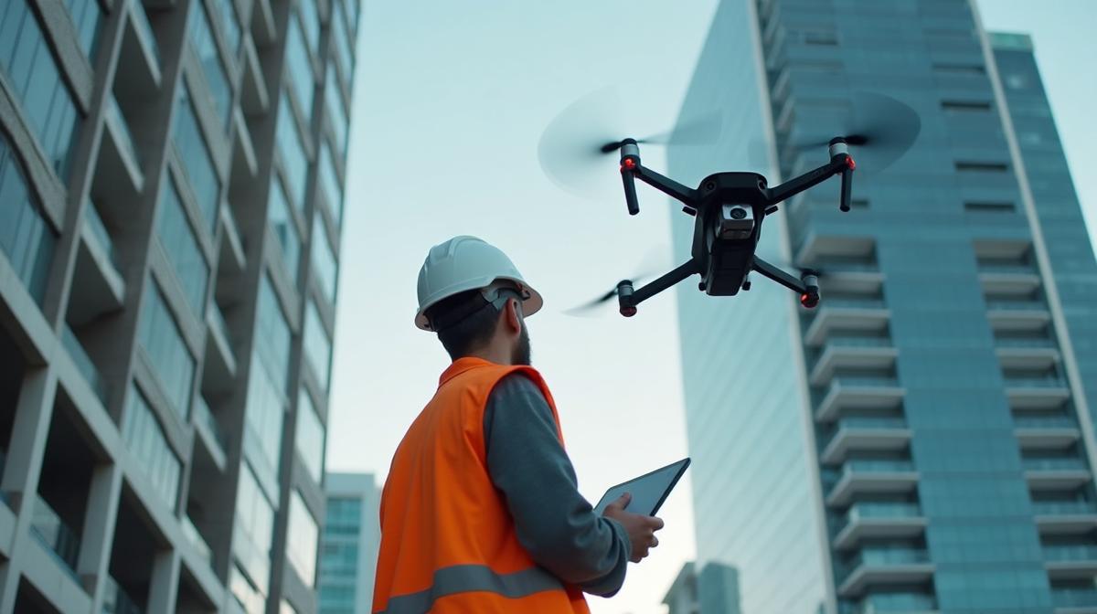 Inspeção predial com drone profissional em fachada de edifício