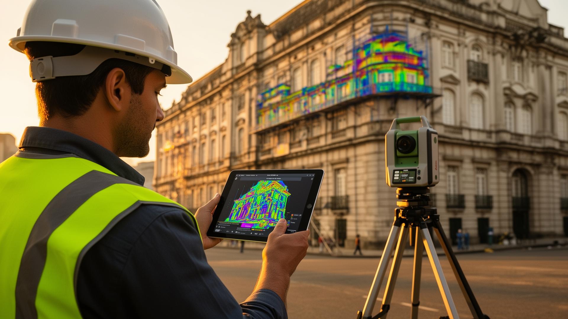 Inspeção técnica de fachada de edifício com mapeamento de descolamento de revestimento e fissuras