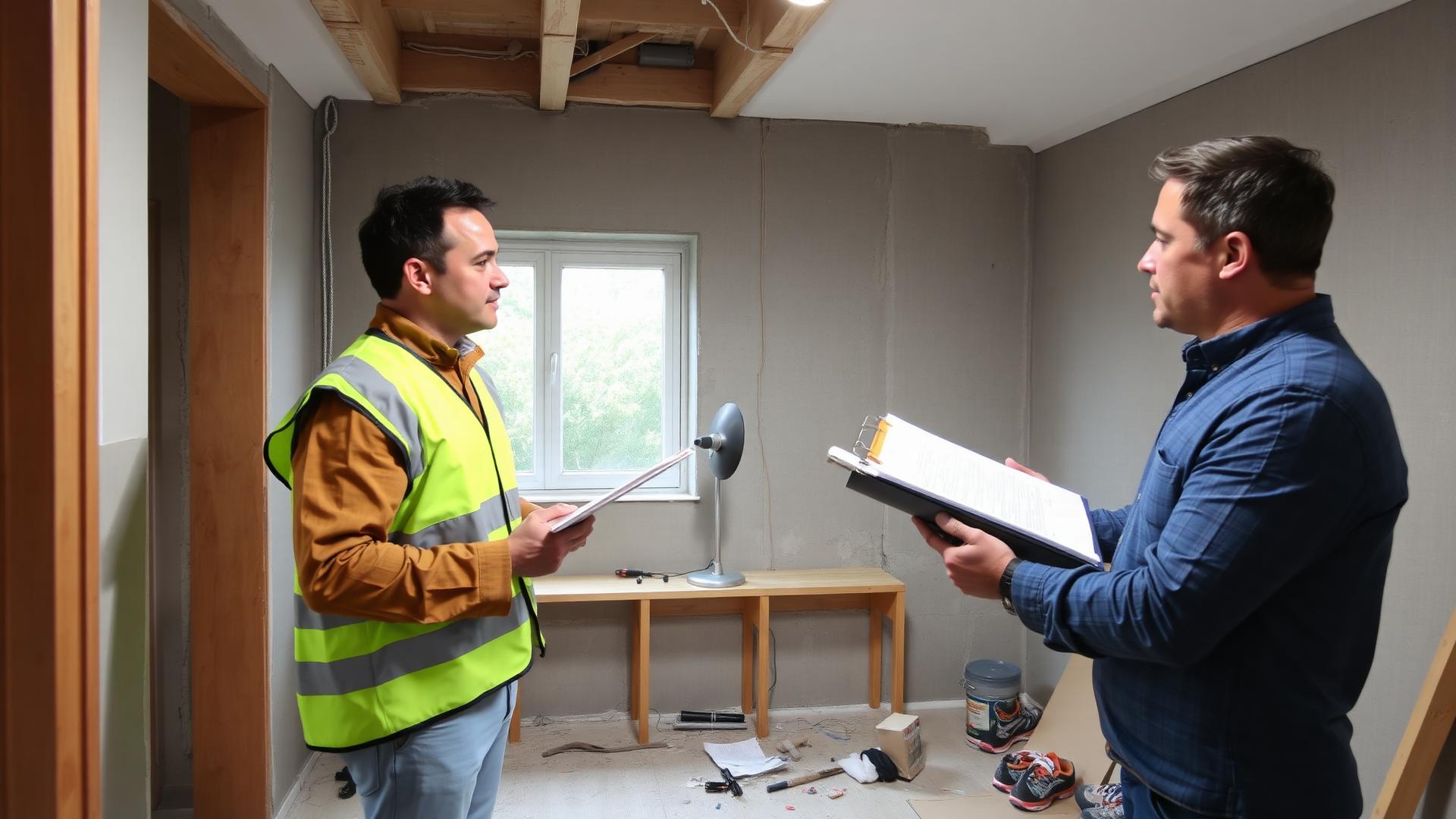 Engenheiro analisando reforma de apartamento com projeto e documentação técnica em mãos