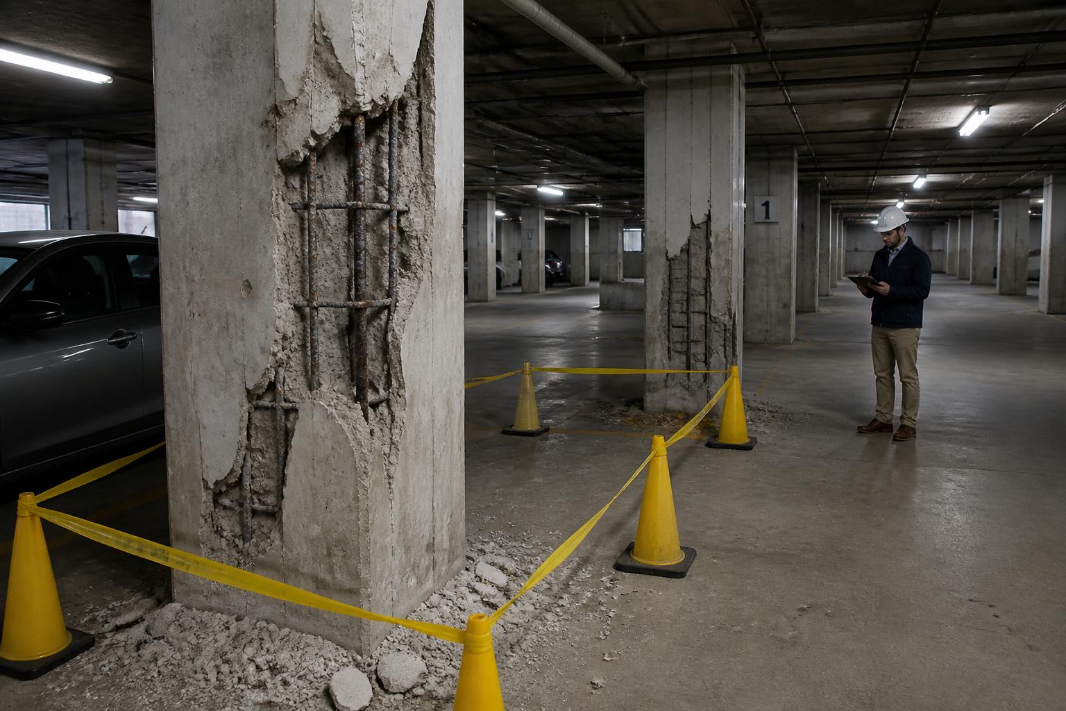 Garagem de condomínio com pilares danificados, ferragem exposta e sinalização de segurança