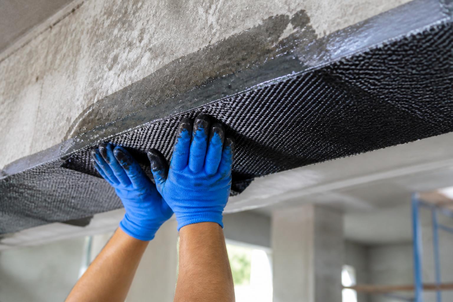 Aplicação de manta de fibra de carbono em viga de concreto para reforço estrutural
